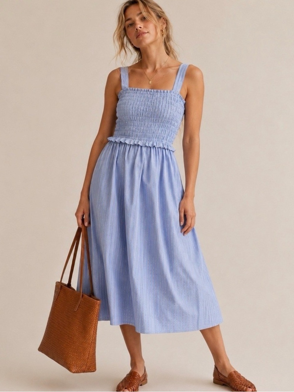 Old Navy Blue Striped Smocked Midi Dress Size Medium M 100% Cotton Sundress